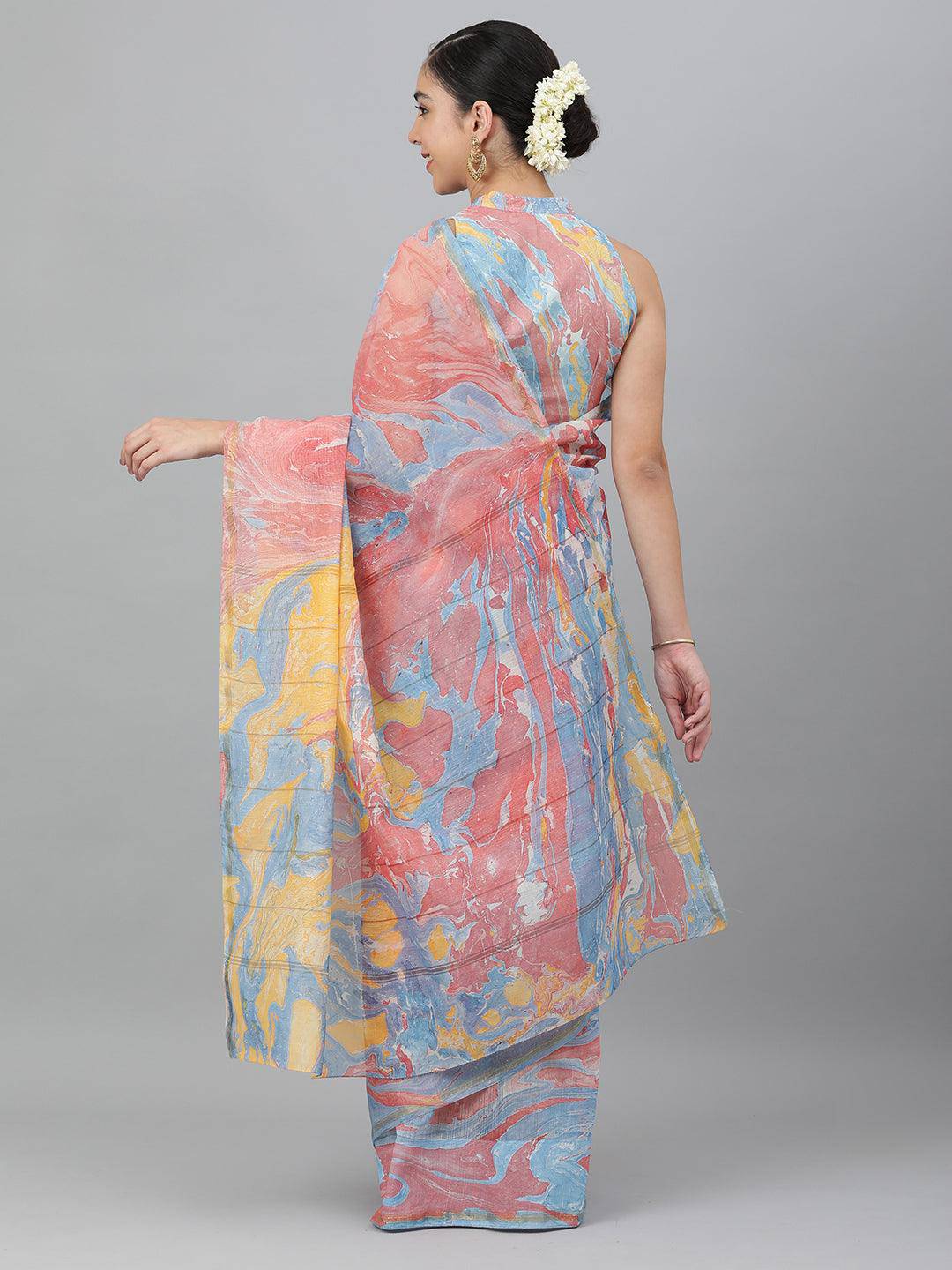 Chanderi Multi-Colour Marble Print Saree - Uboric