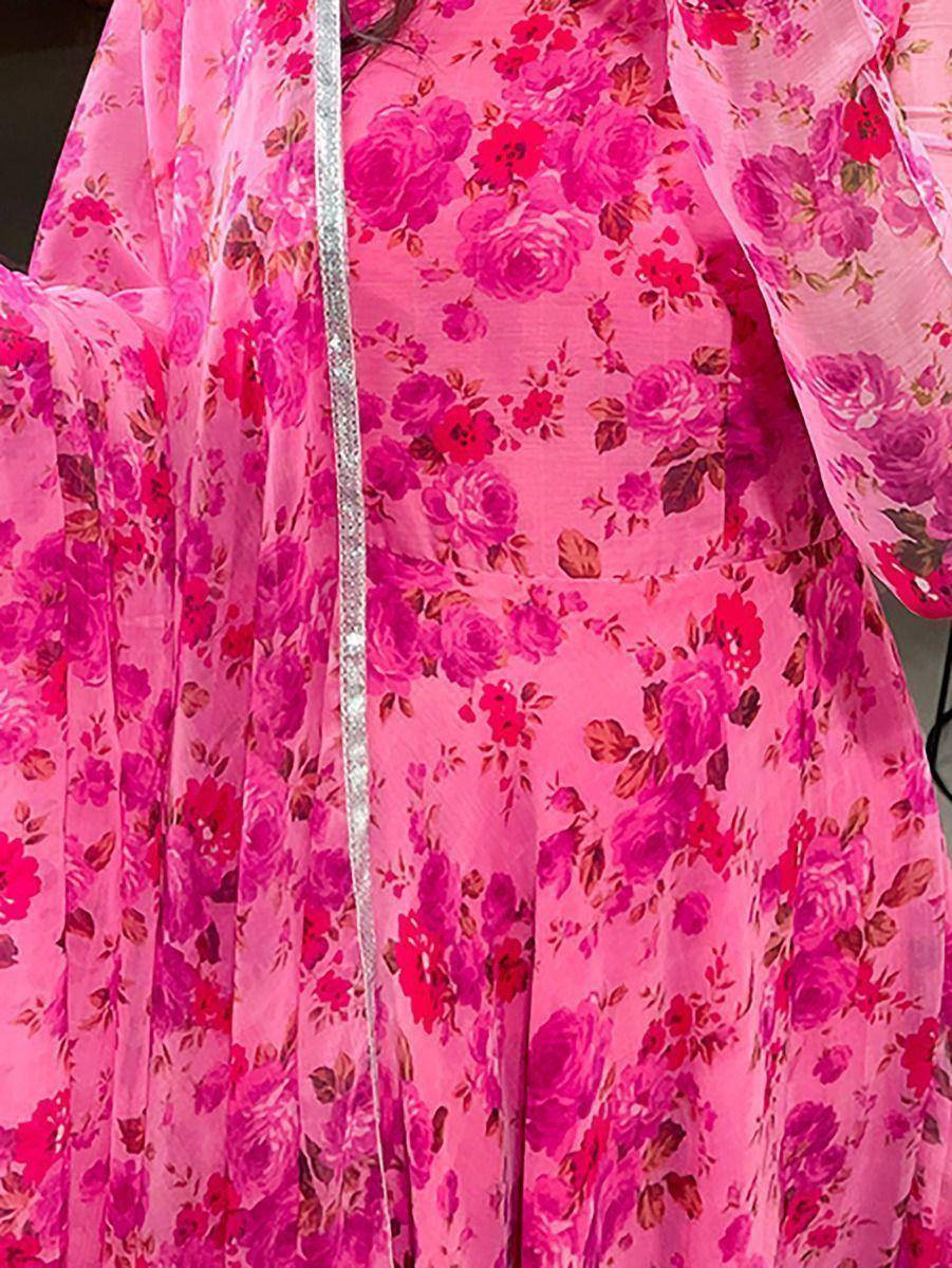 Charming Pink Floral Ready-to-wear Chiffon Kurti With Dupatta - Uboric