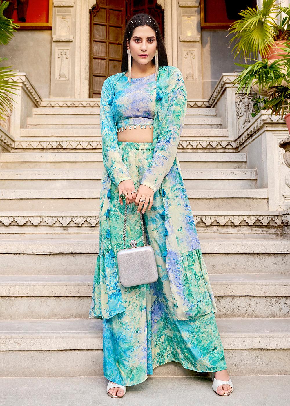 Charming Sky Blue Printed Koti Style Co-Ords Indo-Western Suit - Uboric