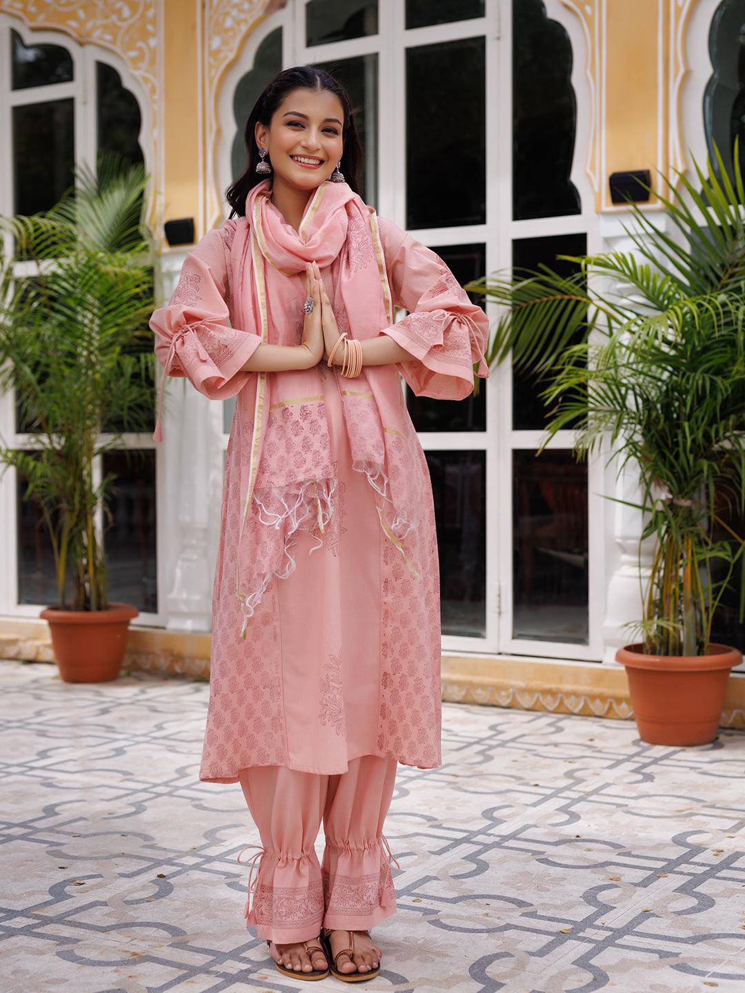 Coral Cloud Hand Block Kurta Set - Uboric