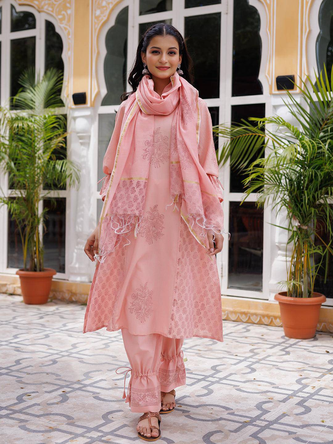 Coral Cloud Hand Block Kurta Set - Uboric