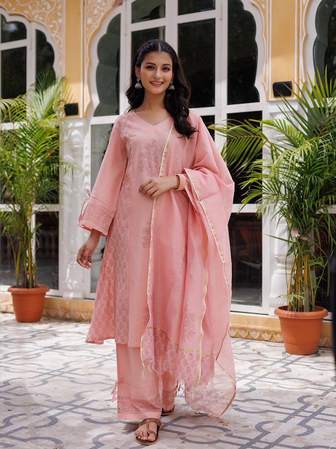 Coral Cloud Hand Block Kurta Set - Uboric