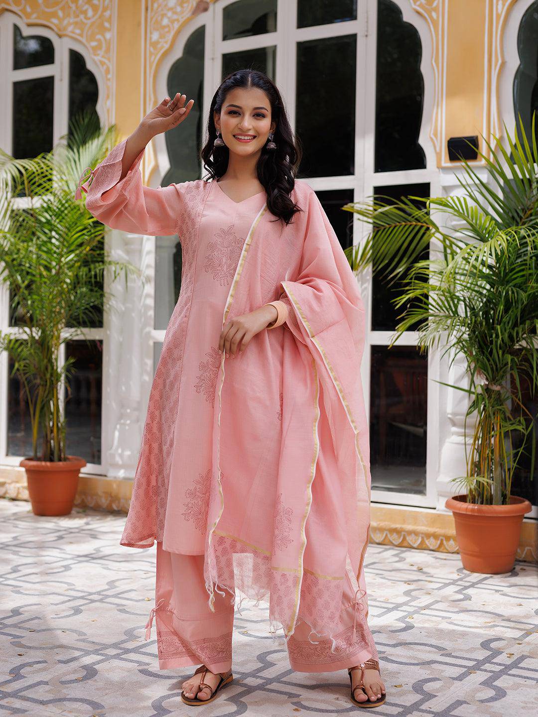 Coral Cloud Hand Block Kurta Set - Uboric