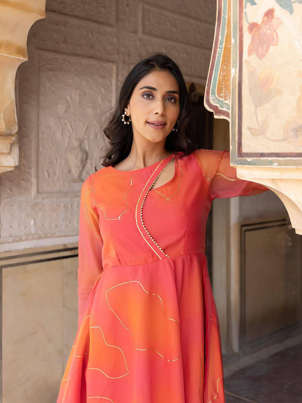 Coral Rose Peach-Orange Flade Kurta - Uboric