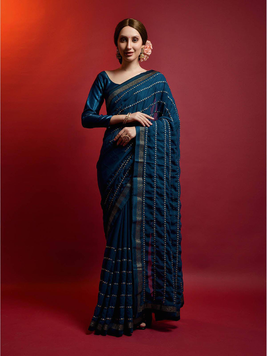 Dark Blue Georgette Saree With Stitched Blouse - Uboric