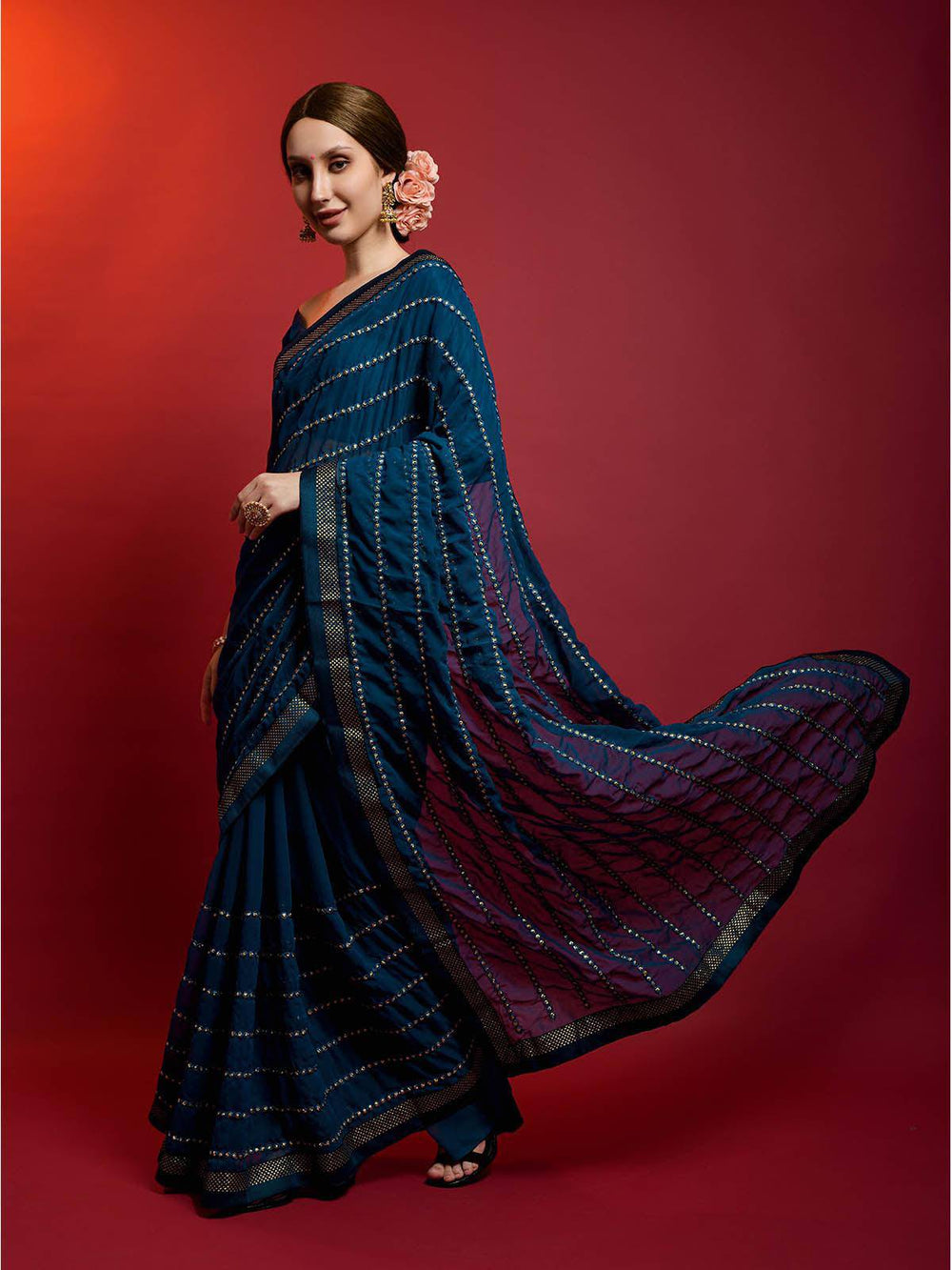 Dark Blue Georgette Saree With Stitched Blouse - Uboric