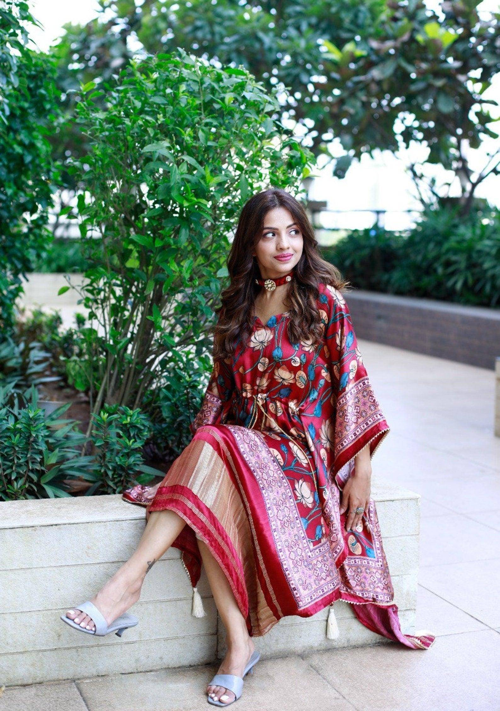 Designer Floral Kaftan, Indian Clothing, Beautiful Cotton kaftan, Indian Long Kaftan Dress, Maxi Dress, Women's, Bandhej Digital Kaftan online