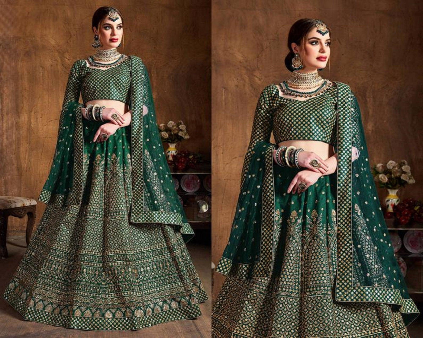 Designer Bottal Green Raw Silk Lehenga Choli - Embroidery Sequence Work Lehenga Choli - Soft Net Dupatta Lehenga Choli For Women (Fully Stitched) - Uboric