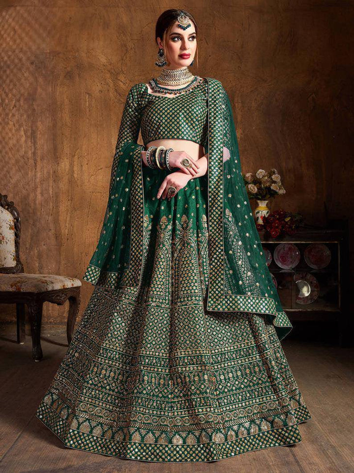 Designer Bottal Green Raw Silk Lehenga Choli - Embroidery Sequence Work Lehenga Choli - Soft Net Dupatta Lehenga Choli For Women (Fully Stitched) - Uboric