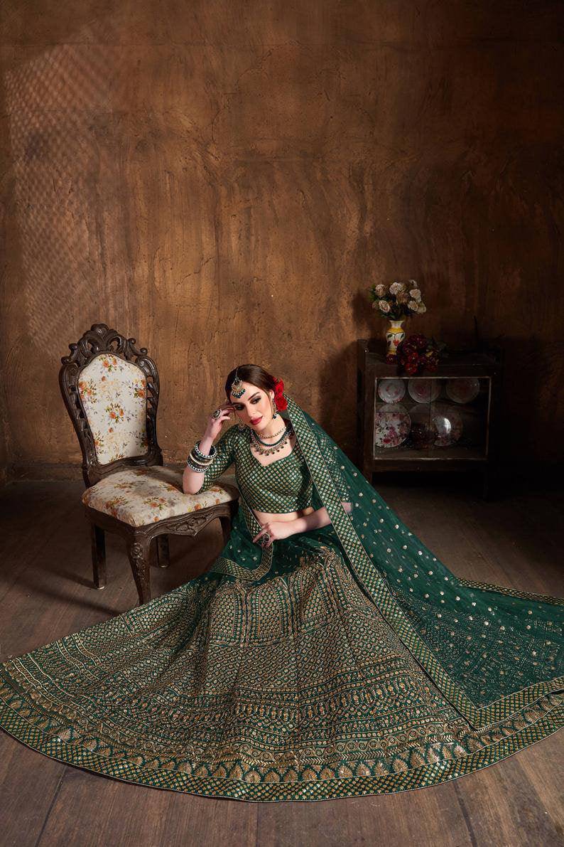 Designer Bottal Green Raw Silk Lehenga Choli - Embroidery Sequence Work Lehenga Choli - Soft Net Dupatta Lehenga Choli For Women (Fully Stitched) - Uboric