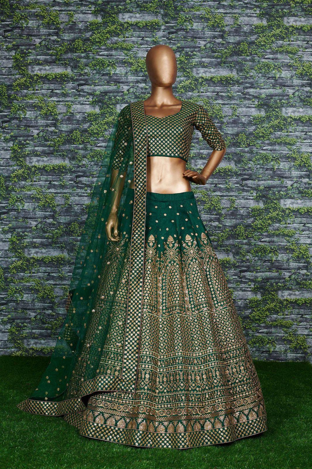 Designer Bottal Green Raw Silk Lehenga Choli - Embroidery Sequence Work Lehenga Choli - Soft Net Dupatta Lehenga Choli For Women (Fully Stitched) - Uboric