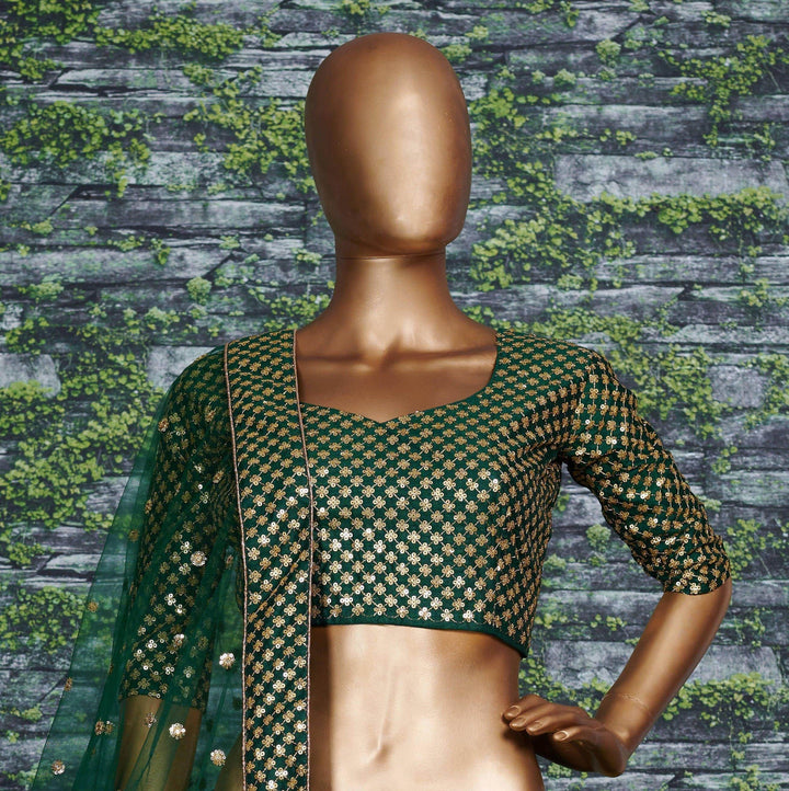 Designer Bottal Green Raw Silk Lehenga Choli - Embroidery Sequence Work Lehenga Choli - Soft Net Dupatta Lehenga Choli For Women (Fully Stitched) - Uboric