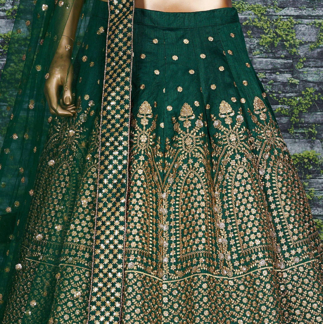 Designer Bottal Green Raw Silk Lehenga Choli - Embroidery Sequence Work Lehenga Choli - Soft Net Dupatta Lehenga Choli For Women (Fully Stitched) - Uboric