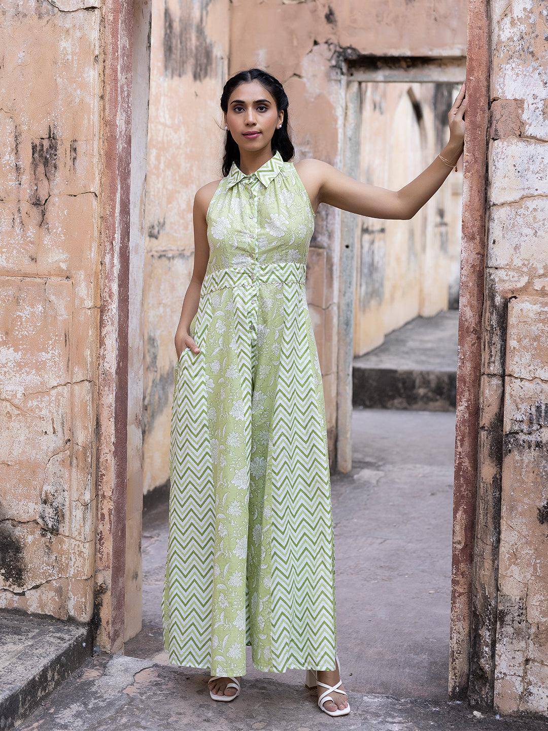 Divya Pista Green Printed Jumpsuit - Uboric