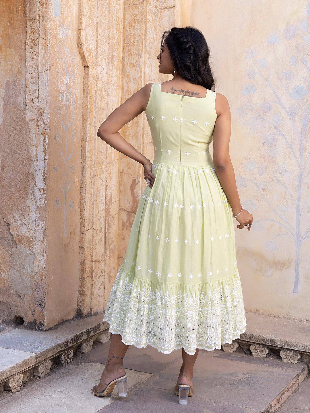 Endive Green Cotton Dress - Uboric