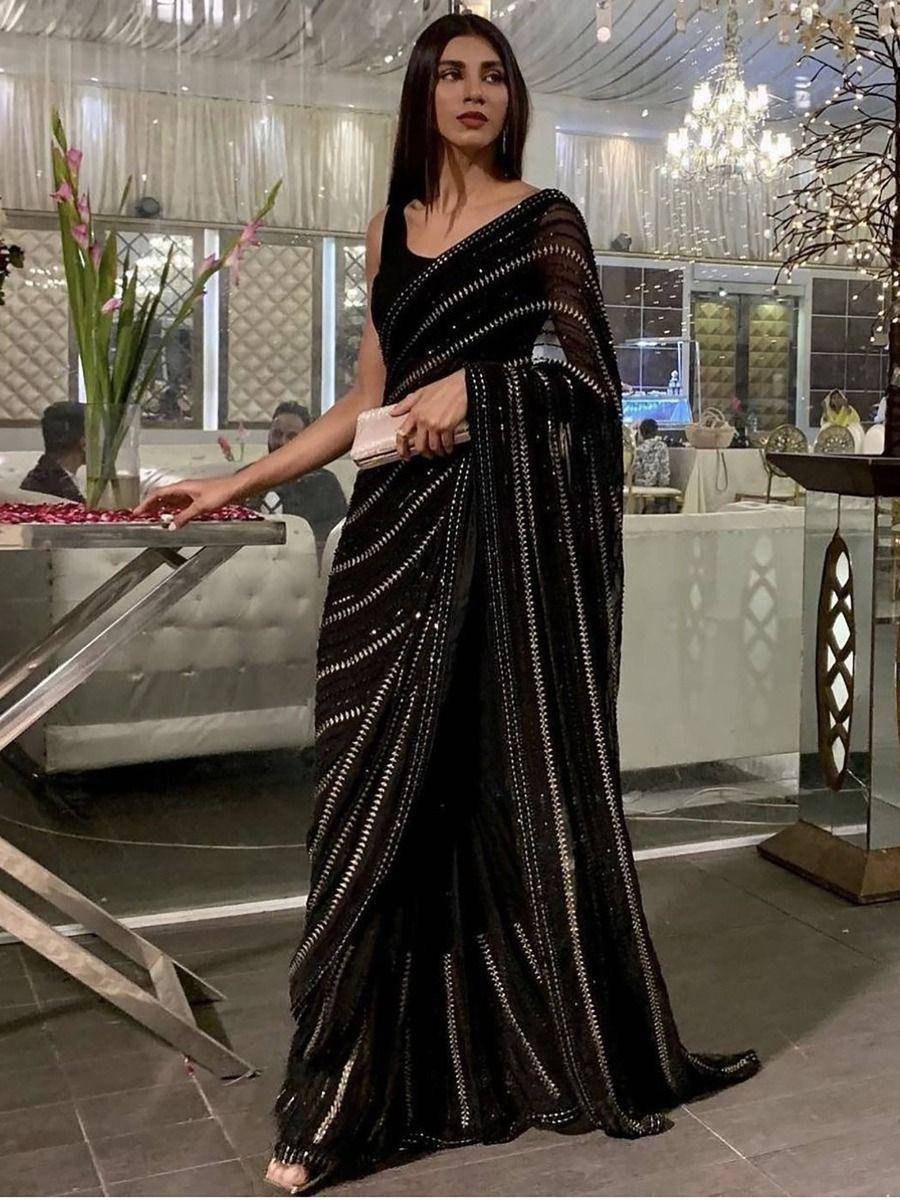 Enthralling Black Sequined Work Georgette Cocktail Party Saree With Blouse - Uboric