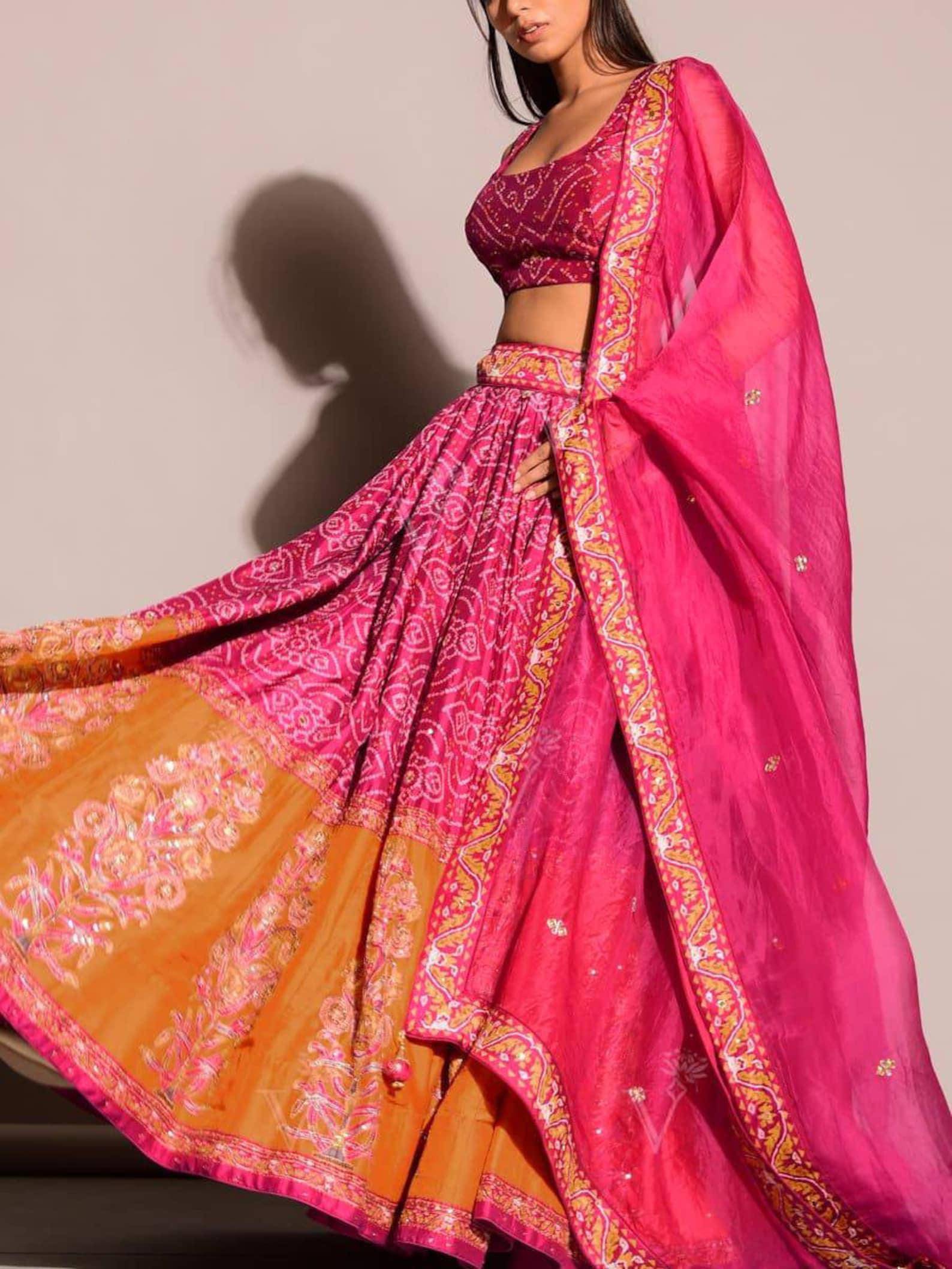 Beautiful pink pure gaji silk lehenga choli for Women with factory dupatta , Designer USA Free shippinggaji silk bandhej digital print Lehenga choli