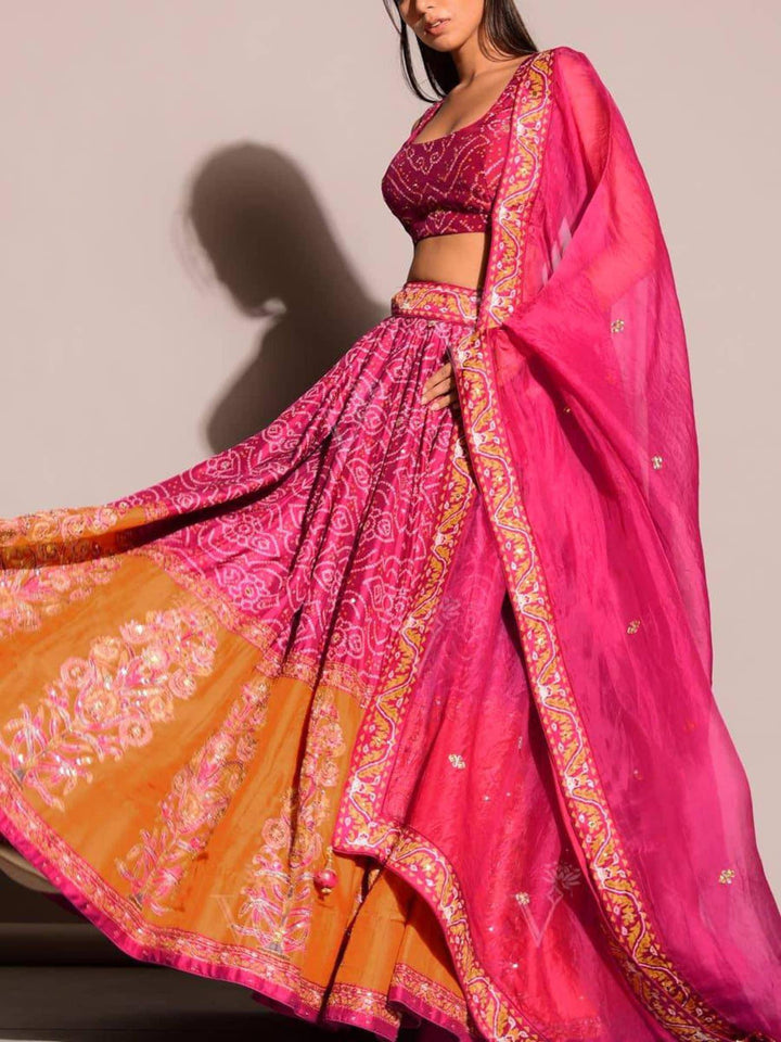 Exclusive Bandhani Print Pink Orange Silk Thread & Sequence Work Wedding Lehenga Choli with Organza Dupatta for Women - Uboric