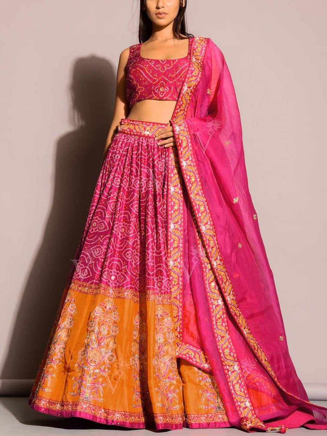 Exclusive Bandhani Print Pink Orange Silk Thread & Sequence Work Wedding Lehenga Choli with Organza Dupatta for Women - Uboric