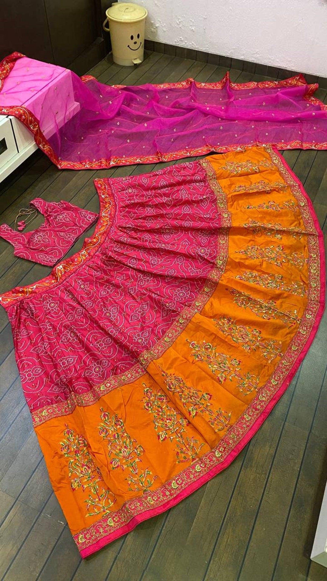 Exclusive Bandhani Print Pink Orange Silk Thread & Sequence Work Wedding Lehenga Choli with Organza Dupatta for Women - Uboric