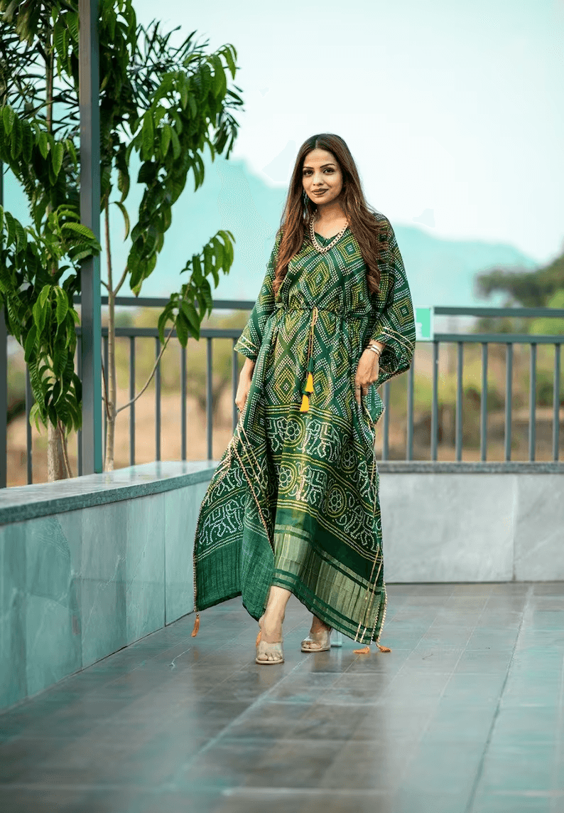 Floral green Digital Print all in one size kaftan dress for women - Uboric