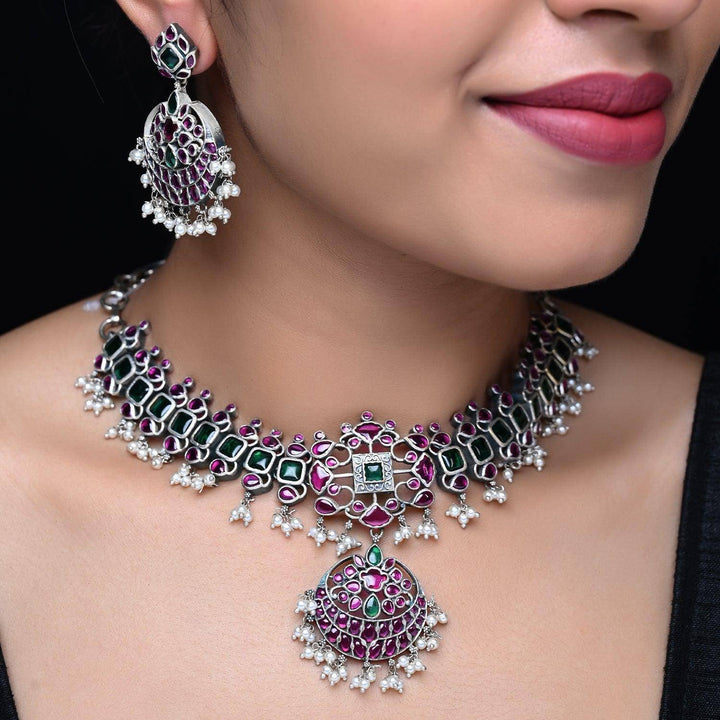 Girjaa Oxidised Necklace Set With Ruby And Green Stone - Uboric