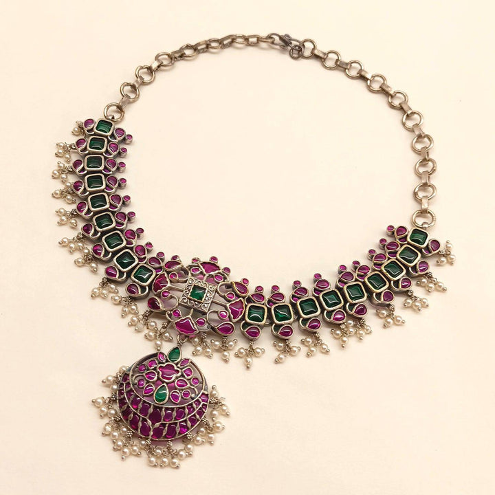 Girjaa Oxidised Necklace Set With Ruby And Green Stone - Uboric