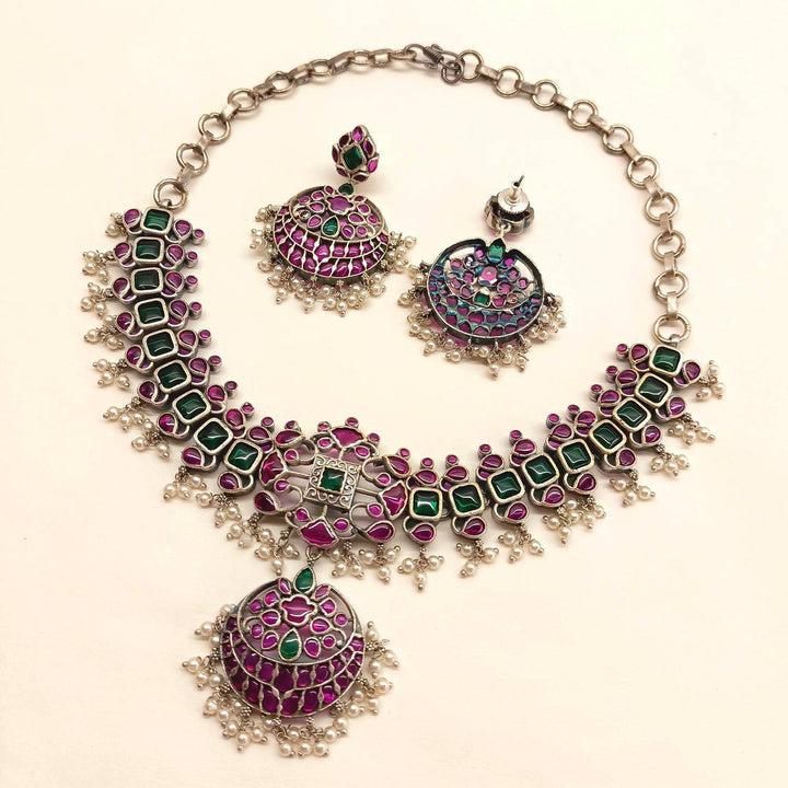 Girjaa Oxidised Necklace Set With Ruby And Green Stone - Uboric