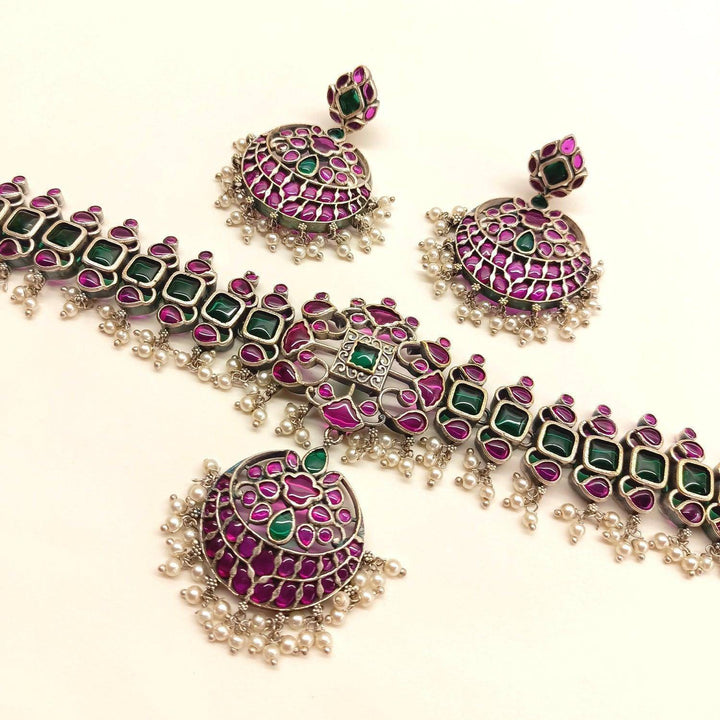 Girjaa Oxidised Necklace Set With Ruby And Green Stone - Uboric