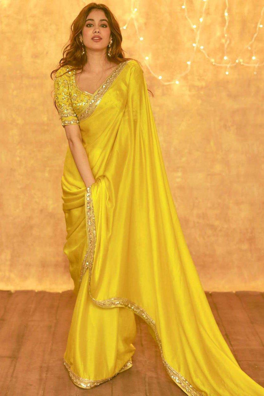 Glamorous Yellow Chiffon Saree With Silk Blouse For Party Wear - Uboric