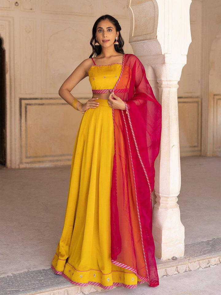 Gold Fusion Solid Mustard  Lehenga Set - Uboric