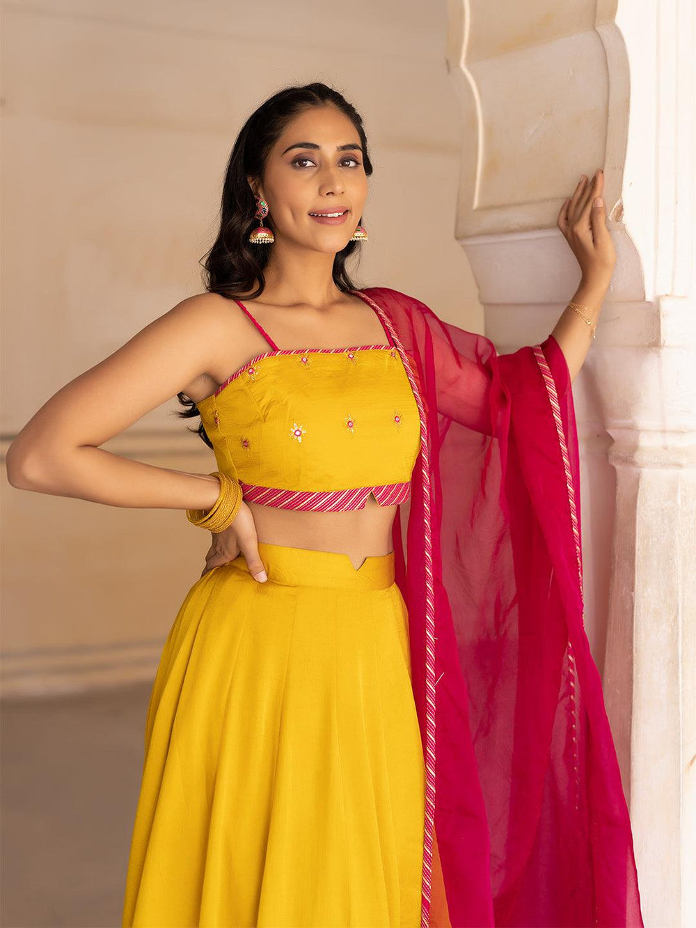 Gold Fusion Solid Mustard  Lehenga Set - Uboric