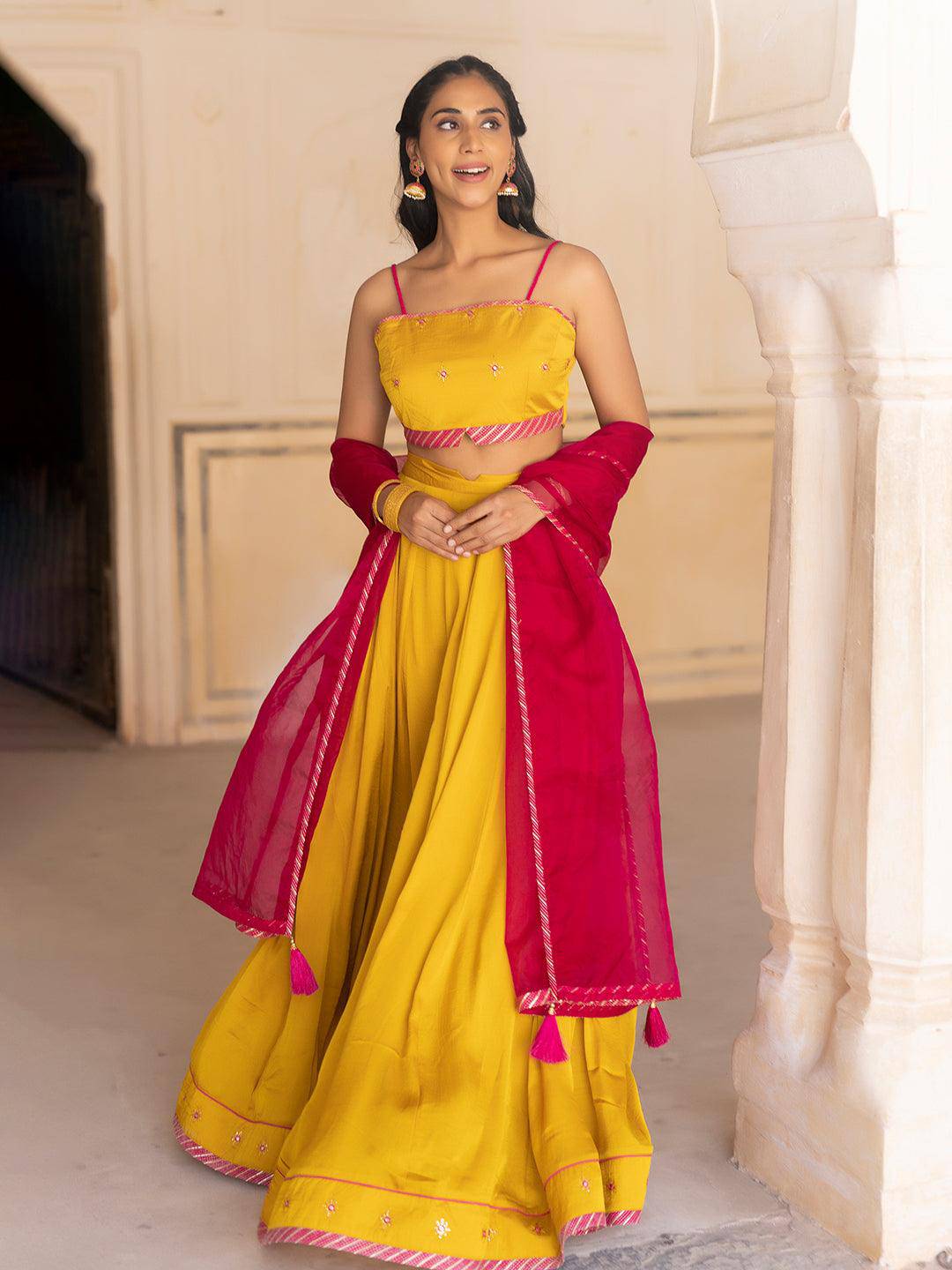 Gold Fusion Solid Mustard  Lehenga Set - Uboric