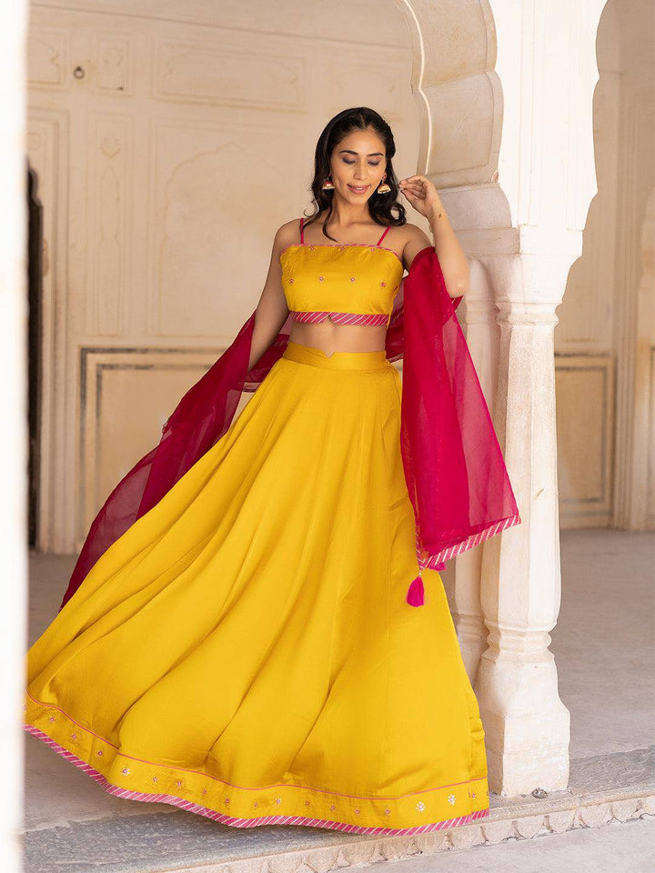 Gold Fusion Solid Mustard  Lehenga Set - Uboric