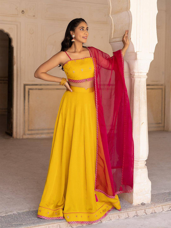 Gold Fusion Solid Mustard  Lehenga Set - Uboric