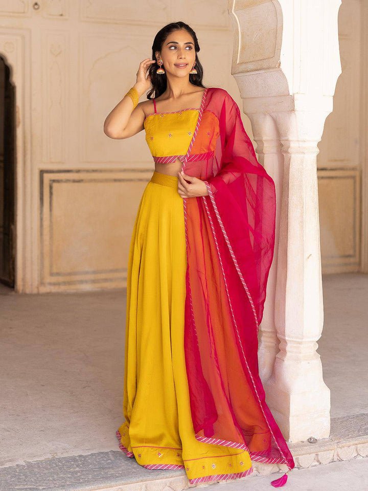 Gold Fusion Solid Mustard  Lehenga Set - Uboric