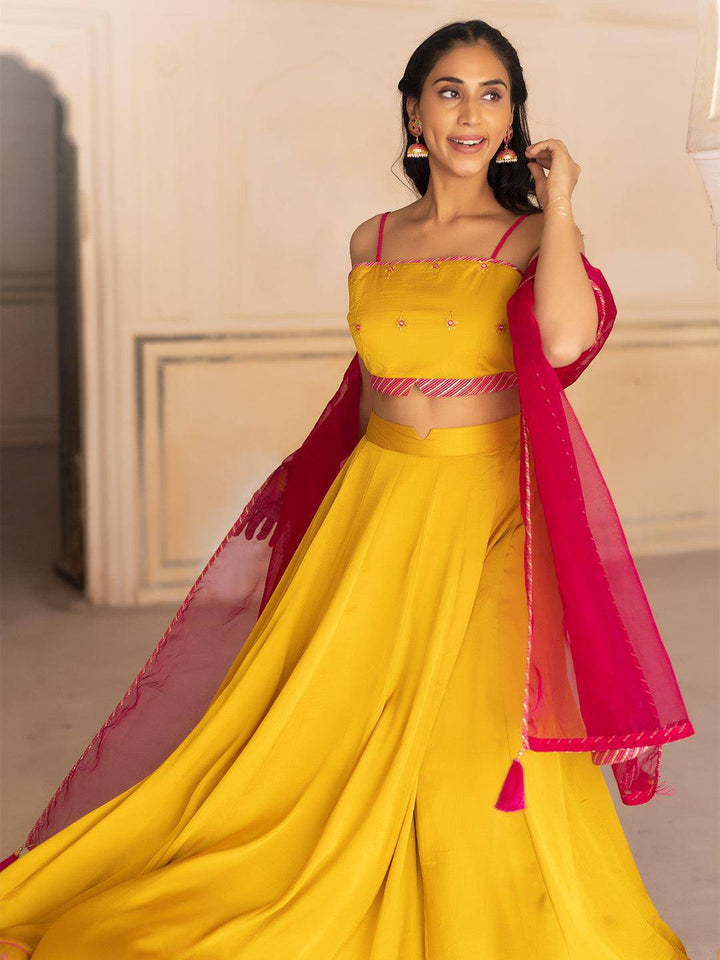 Gold Fusion Solid Mustard  Lehenga Set - Uboric