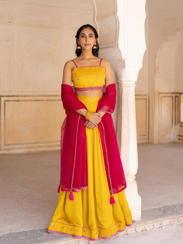 Gold Fusion Solid Mustard  Lehenga Set - Uboric