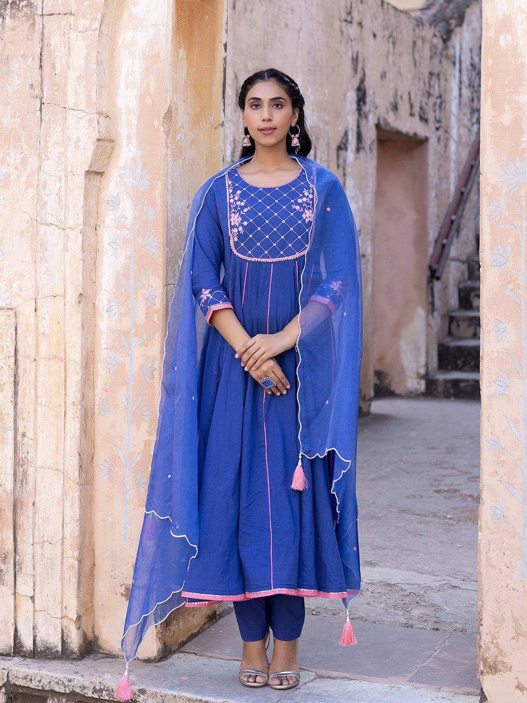 Granada Sky Cotton Kurta Set - Uboric