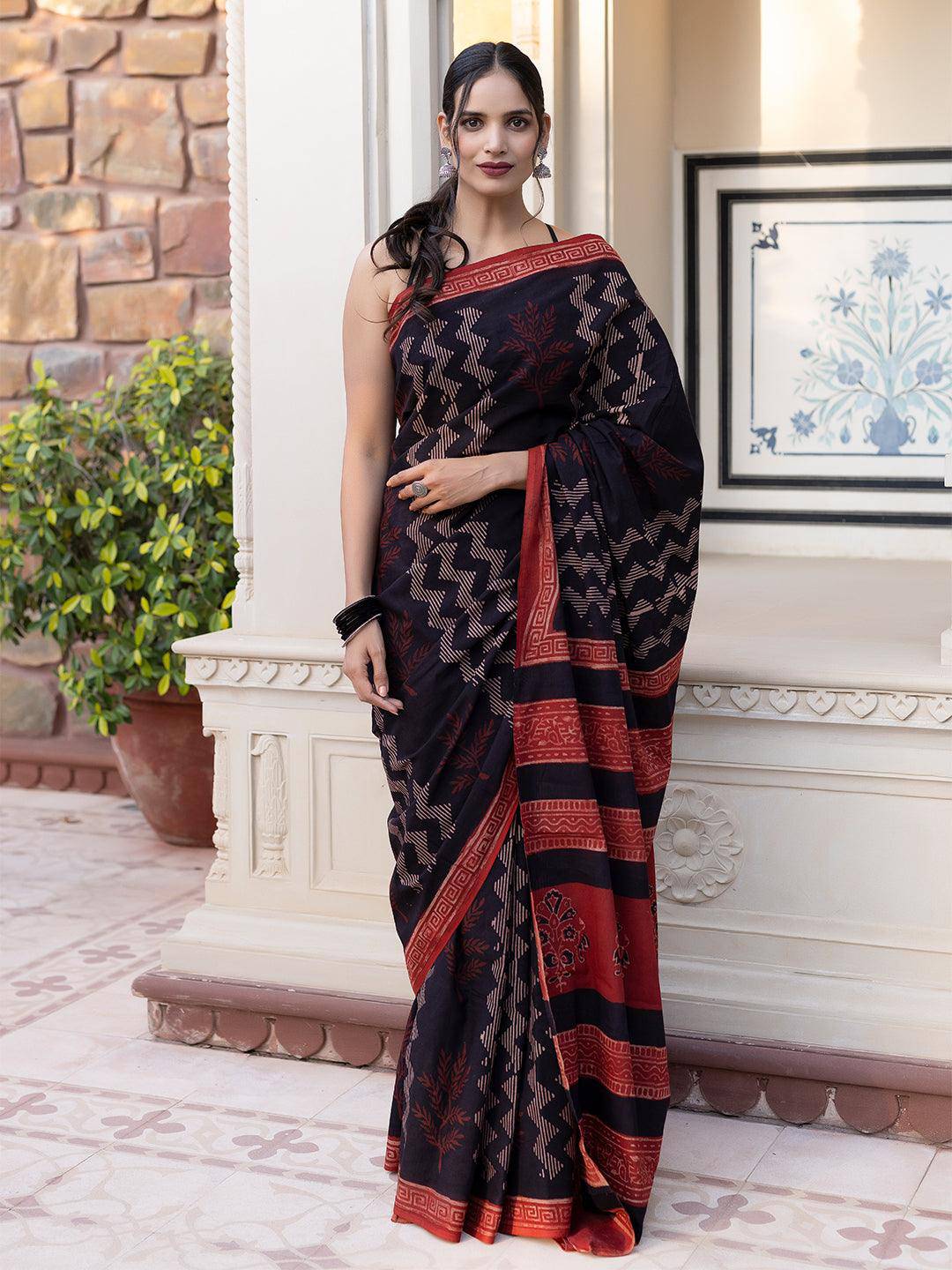 Gravel Chevron Ajrakh Cotton Saree - Uboric