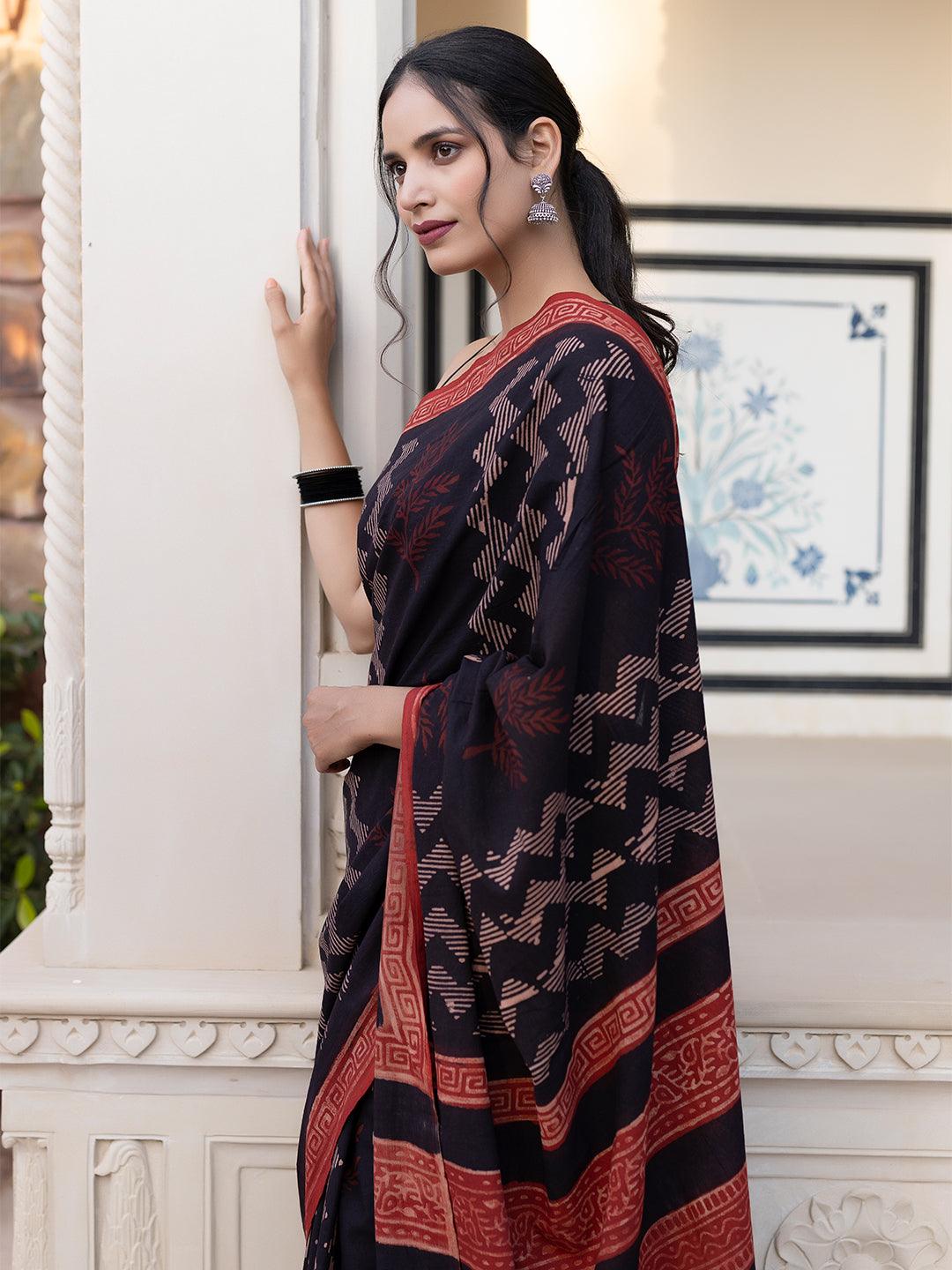 Gravel Chevron Ajrakh Cotton Saree - Uboric