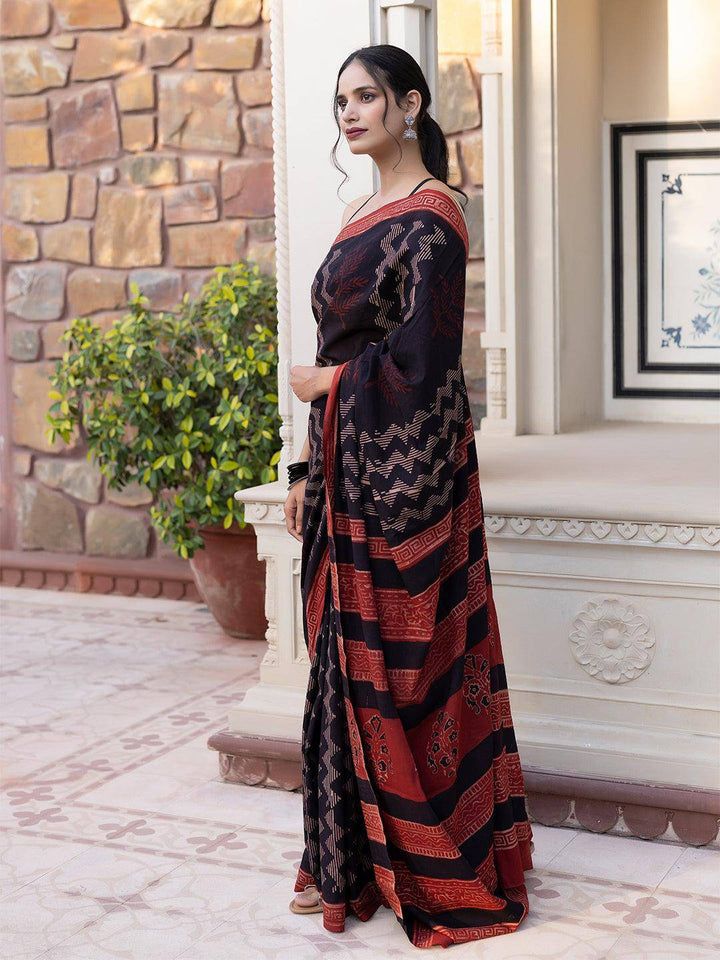 Gravel Chevron Ajrakh Cotton Saree - Uboric