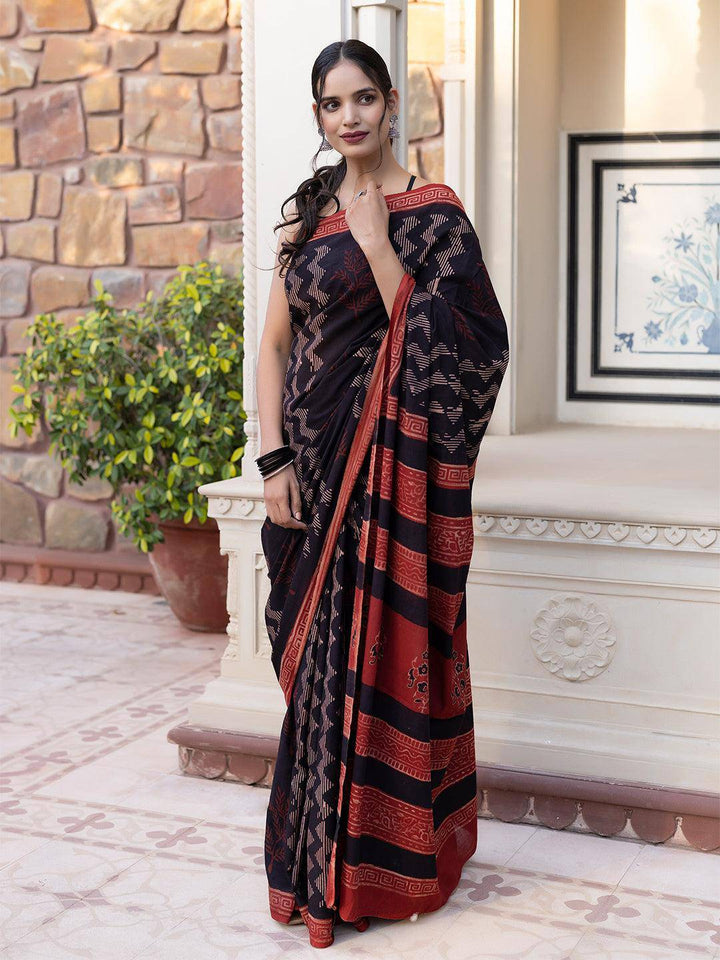 Gravel Chevron Ajrakh Cotton Saree - Uboric