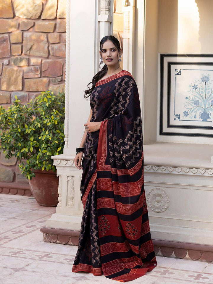 Gravel Chevron Ajrakh Cotton Saree - Uboric