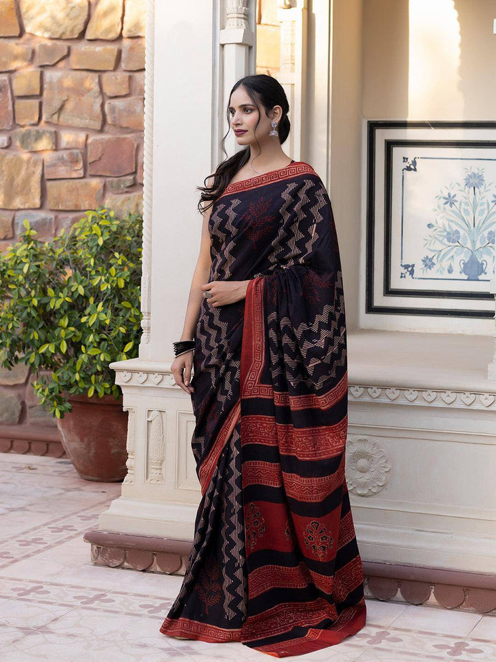 Gravel Chevron Ajrakh Cotton Saree - Uboric