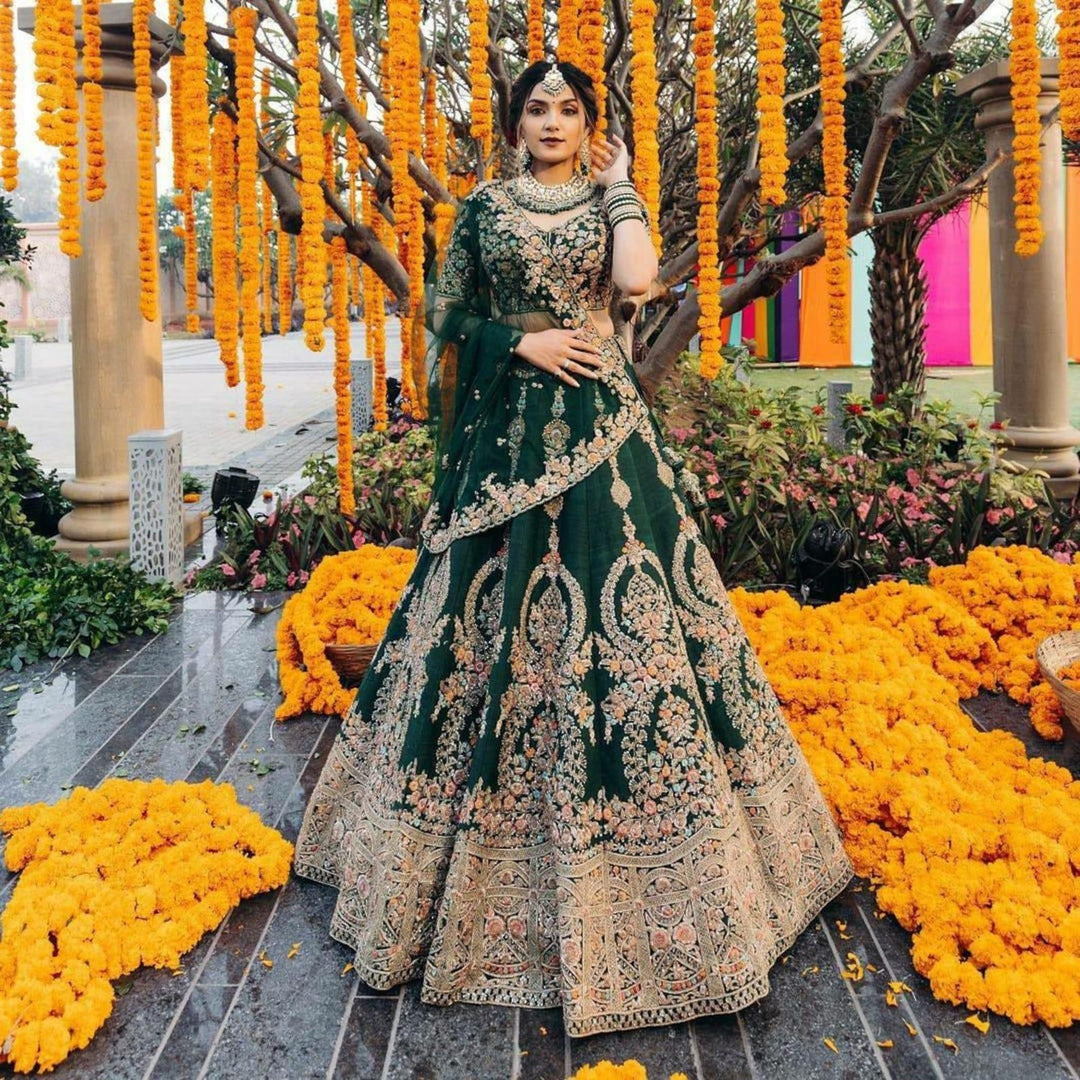Green Color Lehenga Choli Embroidery Satin Silk with Dupatta | Indian Wedding Party Wear Lehenga | Bridal Lehenga for Women - Uboric