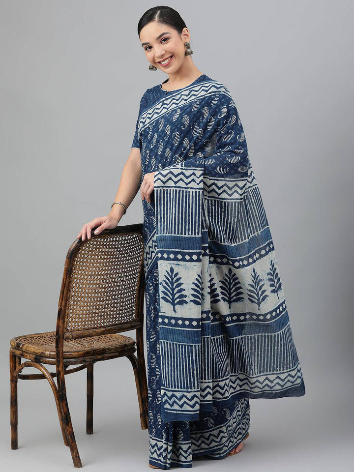 Indigo Hand-Block Cotton Saree - Uboric