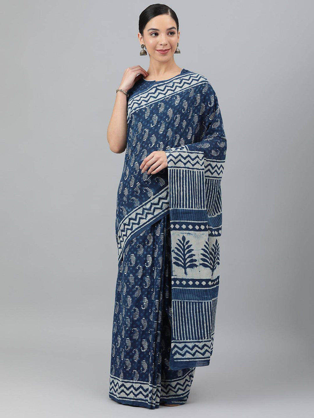 Indigo Hand-Block Cotton Saree - Uboric