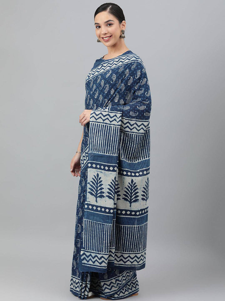 Indigo Hand-Block Cotton Saree - Uboric