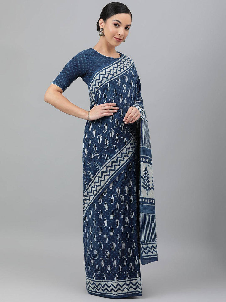 Indigo Hand-Block Cotton Saree - Uboric